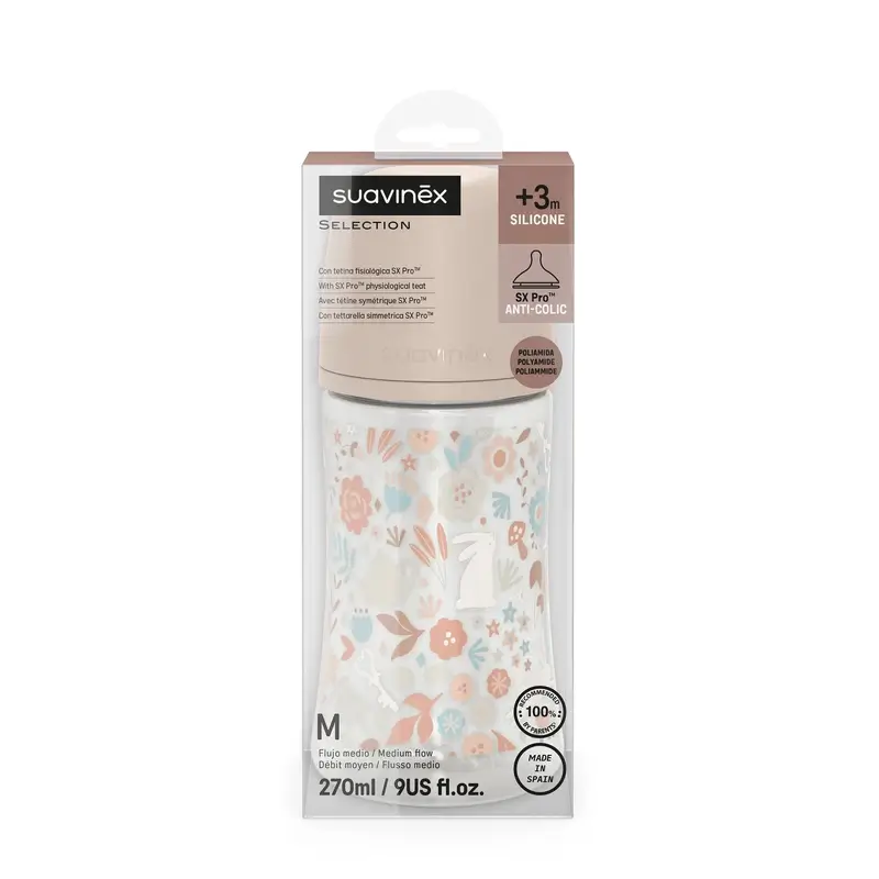 Suavinex Baby Bottle 270 Ml, Medium Flow (M), +3 Months, Wonderland Flowers Pink - Image 2