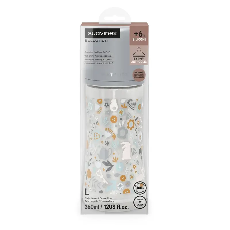 Suavinex Baby Bottle 360 Ml, Dense Flow (L), +6 Months, Wonderland Flowers Blue - Image 2