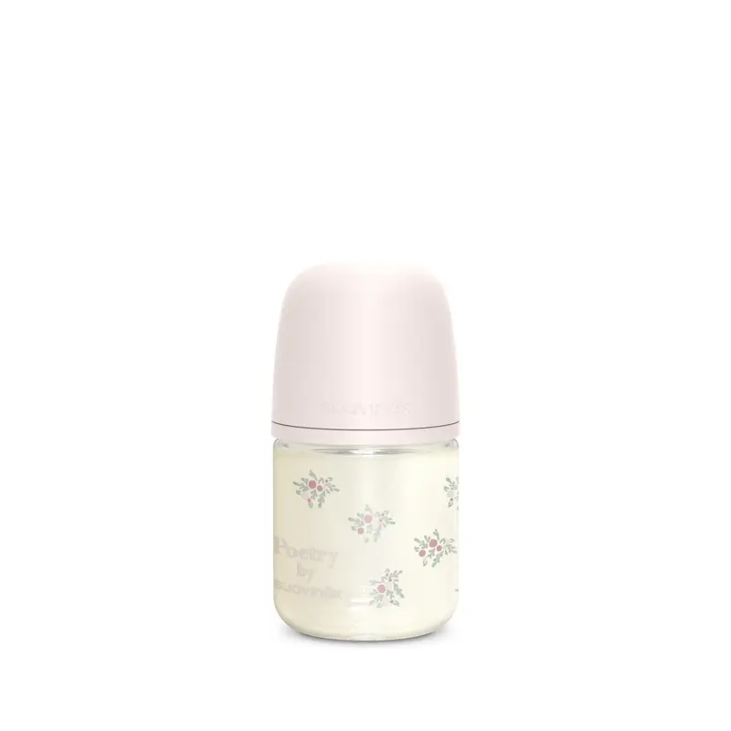 Suavinex Baby Bottle Glass 120 Ml, Slow Flow (S), +0 Months, Pink Poetry