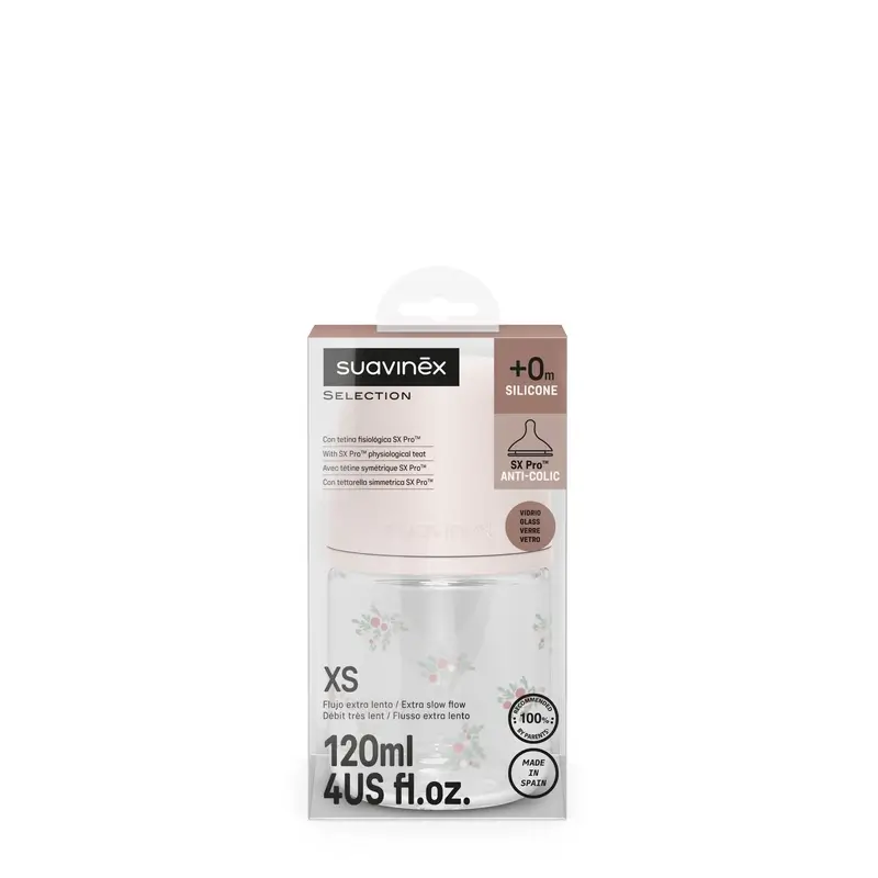 Suavinex Baby Bottle Glass 120 Ml, Slow Flow (S), +0 Months, Pink Poetry - Image 3