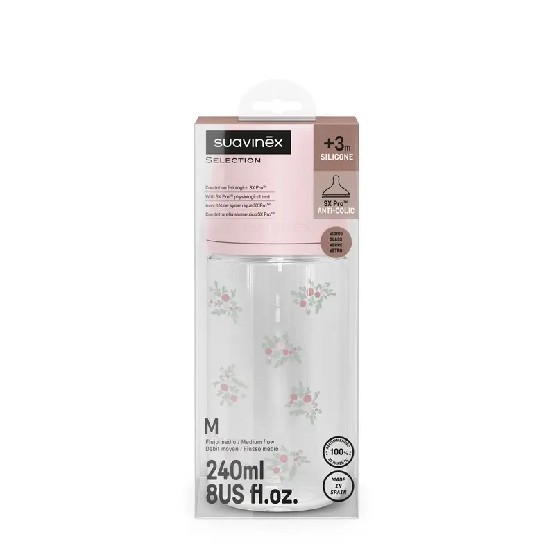 Suavinex Baby Bottle Glass 240 Ml, Medium Flow (M), +3 Months, Pink Poetry - Image 3