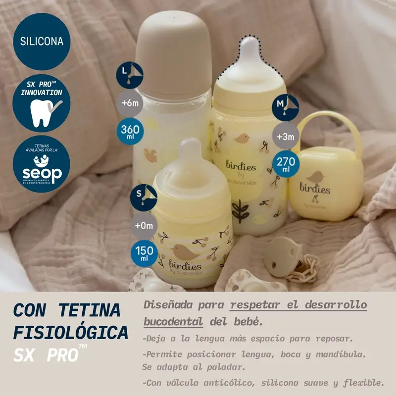 Suavinex Feeding Bottle Teat Sx Pro Dense Flow (L) +6 Months Birdies Beige, 360 ml - Image 2