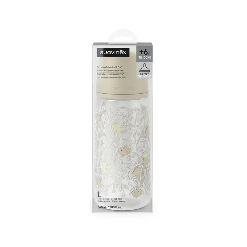 Suavinex Feeding Bottle Teat Sx Pro Dense Flow (L) +6 Months Birdies Beige, 360 ml - Image 4