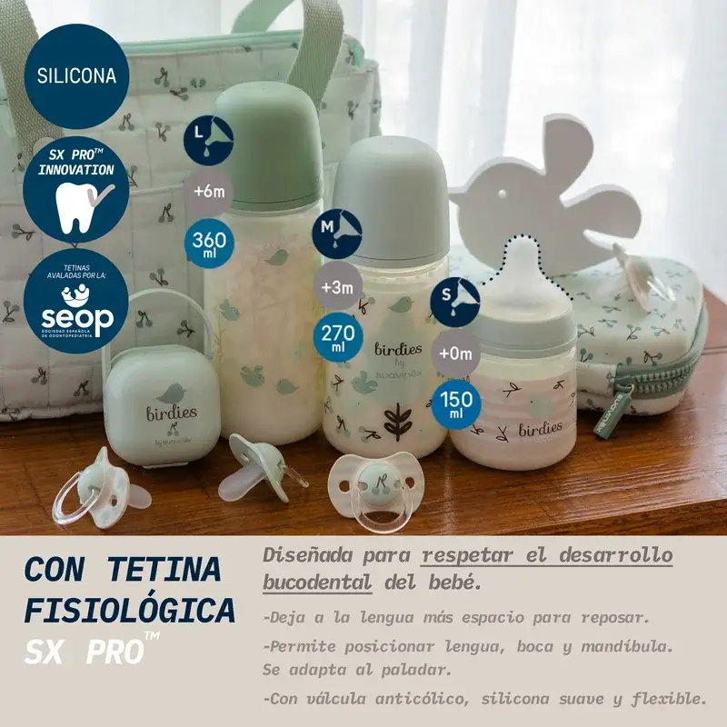 Suavinex Feeding Bottle Teat Sx Pro Slow Flow (S) +0 Months Birdies Green, 150 ml - Image 3
