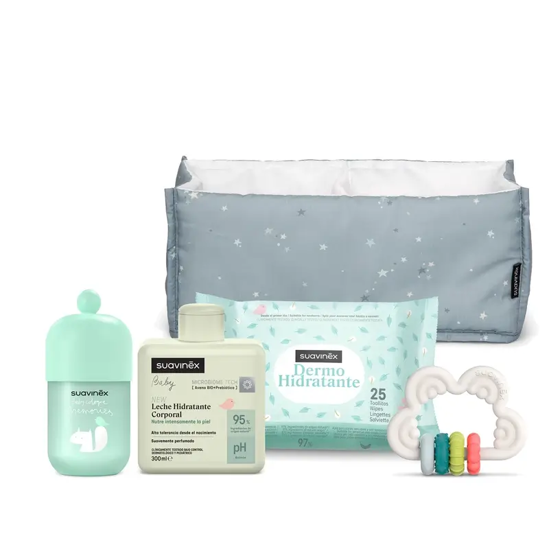 Suavinex Baby Gift Baby Milk 300 Ml + Baby Cologne Memories 100 Ml + Wipes + Teether, Blue