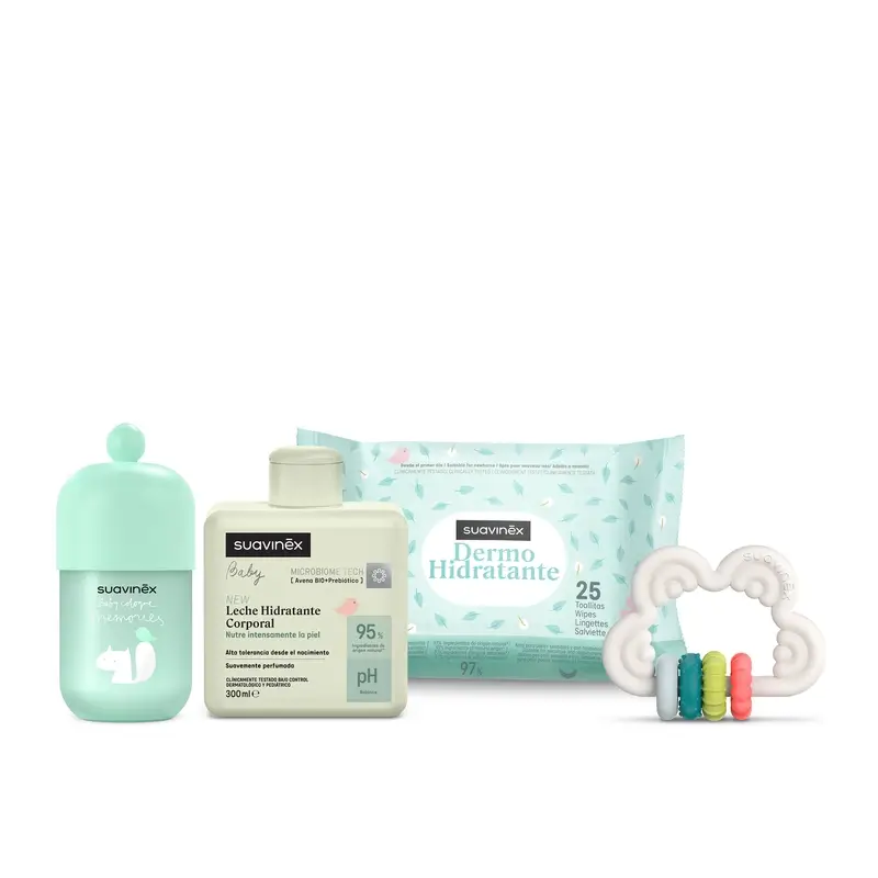 Suavinex Baby Gift Baby Milk 300 Ml + Baby Cologne Memories 100 Ml + Wipes + Teether, Blue - Image 4