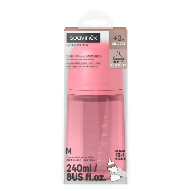 Suavinex Silicone Bottle 240 Ml, Medium Flow (M), +3 Months, Fuchsia - Image 3