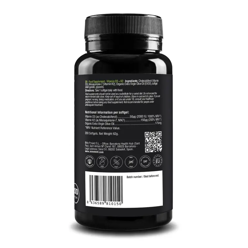 Zenement Vitamin D3 + K2, 2000 Ui AND 150 µg Mk-7, 200 softgels - Image 2